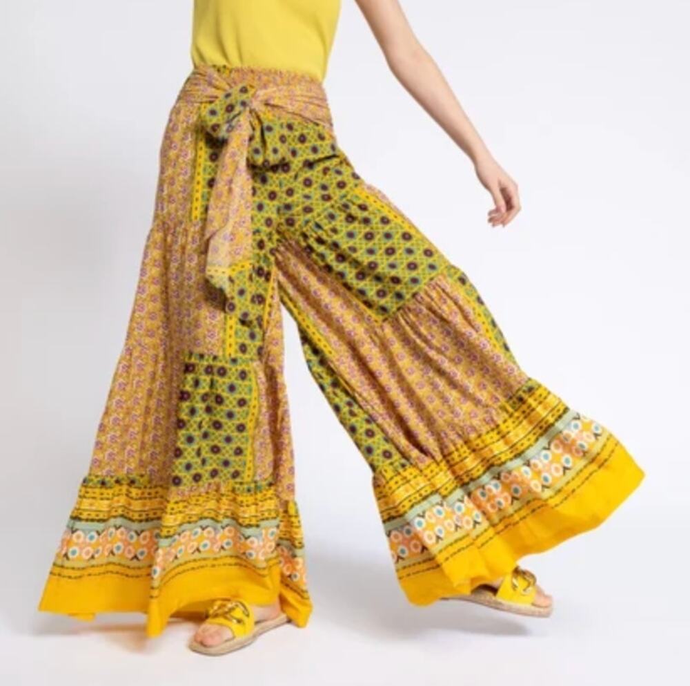 SMF Floral Print Smocked High Rise Tie Waist Wide Leg Pants Yellow Green Medium